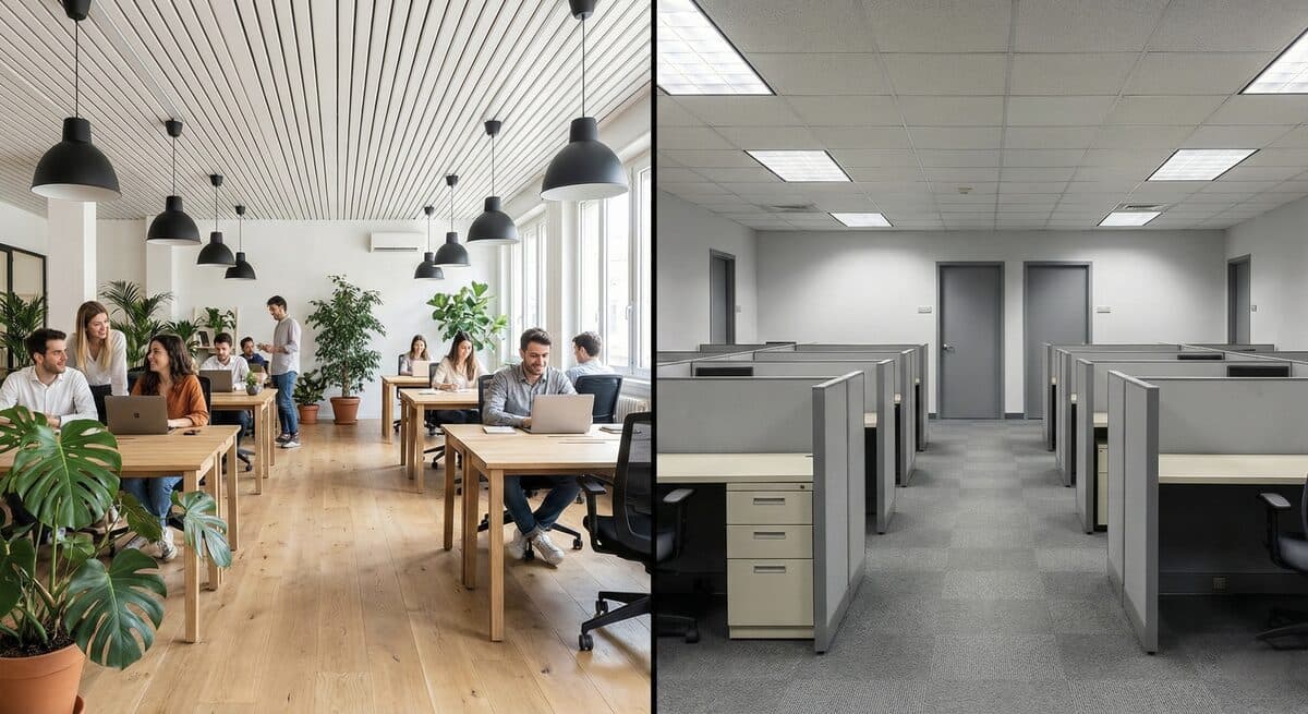 Visual comparison between modern co-working space and traditional office