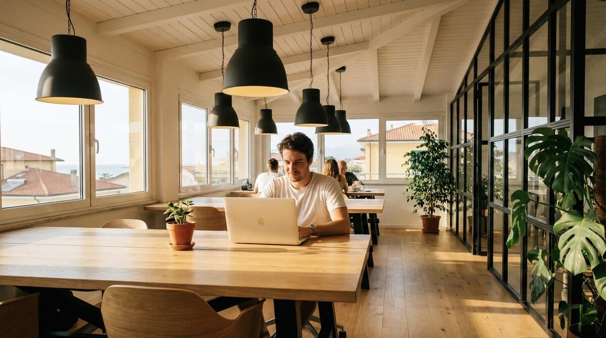 Freelancer working with laptop in a bright space in Viareggio