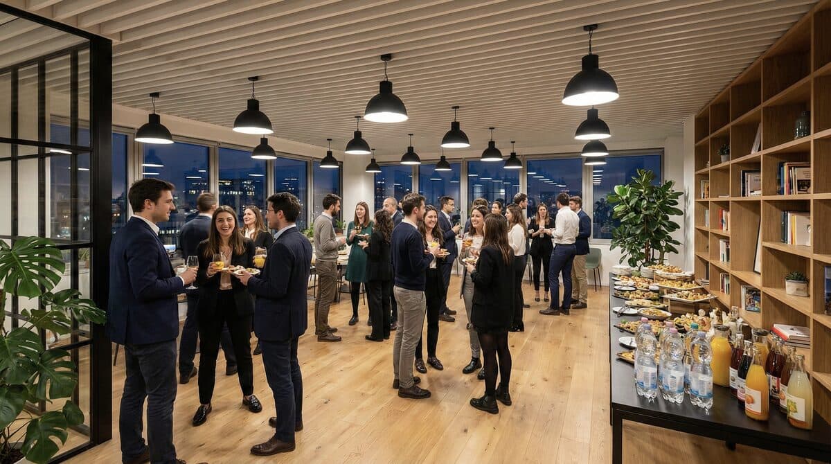 Professionals during a networking event in a modern space