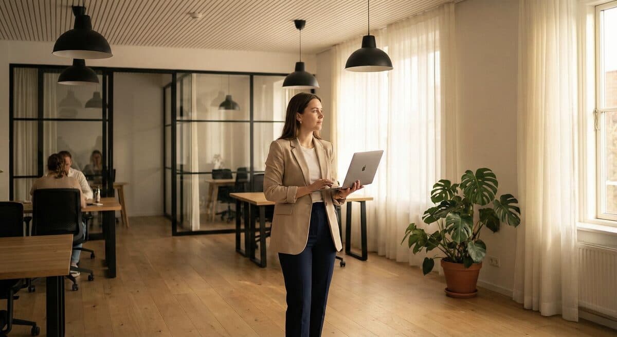 Professional evaluating a modern co-working space