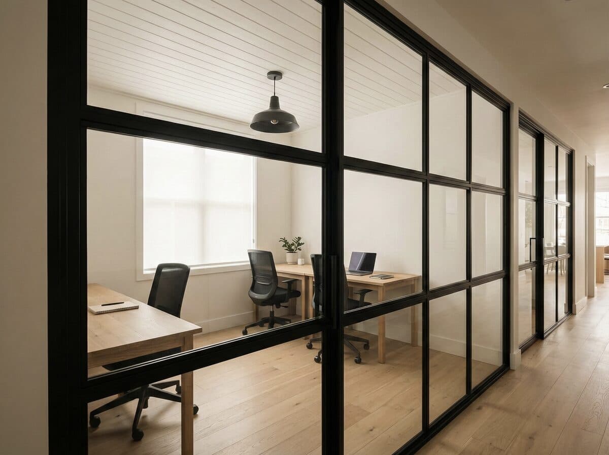 Modern private office with glass door inside a co-working space