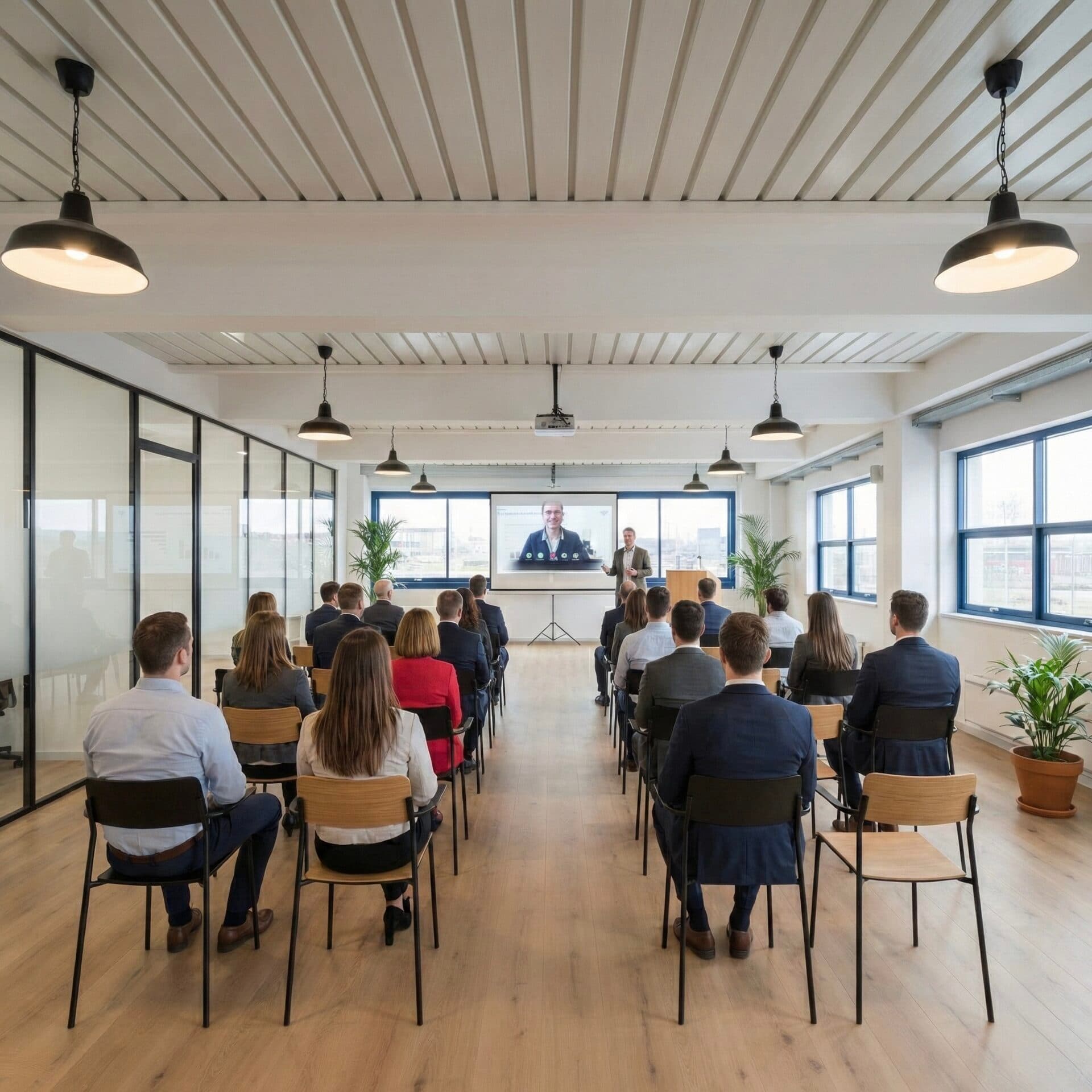 Modern event space with professionals during a corporate presentation
