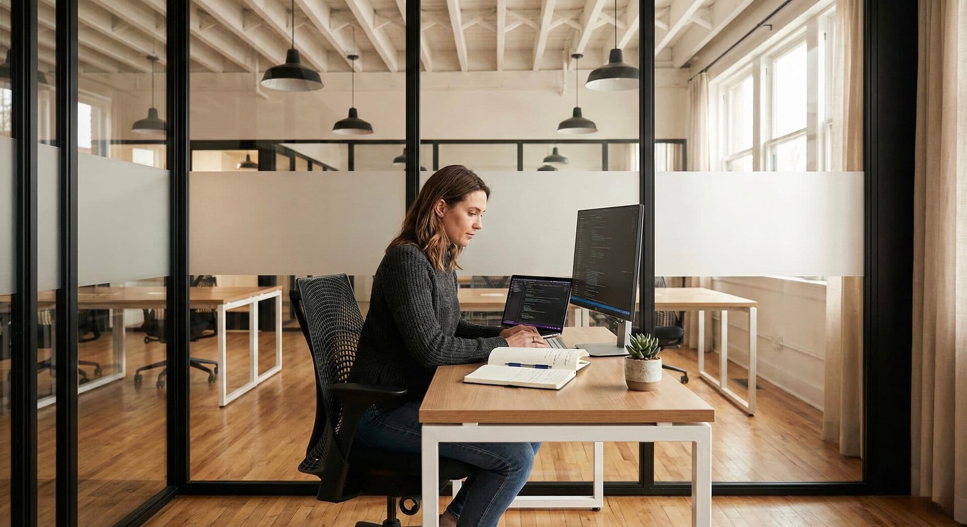 Professional working at a dedicated workstation in a modern co-working space
